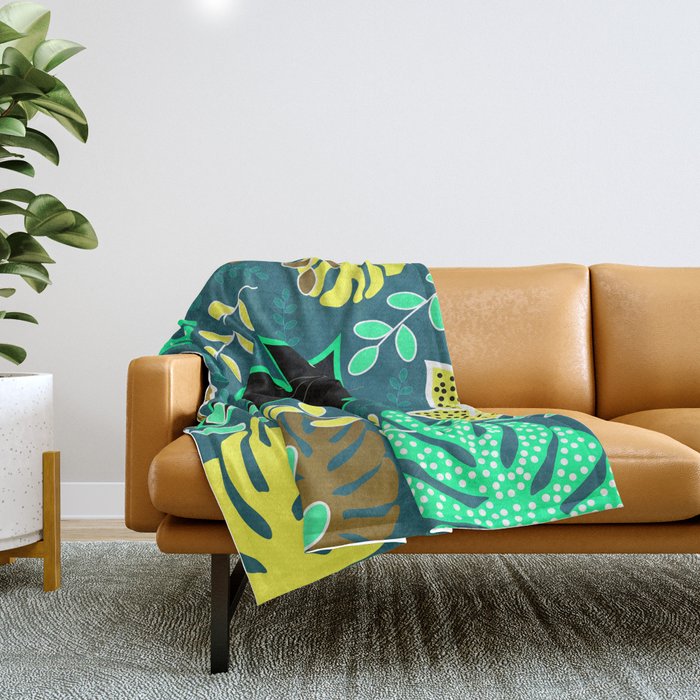 Curious cat and monstera leaves Throw Blanket