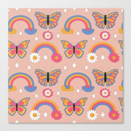 Retro daisies with butterflies, rainbow, daisies and sparkles.  Seamless pattern. Canvas Print