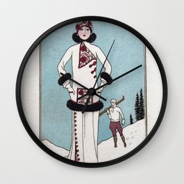 George Barbier - Vintage Fashion illustration - Winter Skiing Wall Clock