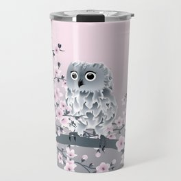 Cute Owl and Cherry Blossoms Pink Gray Travel Mug