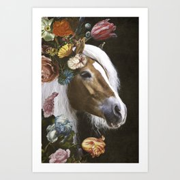 Head of a reddish-brown horse surrounded by flowers / portrait Haflinger Art Print
