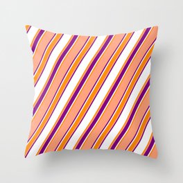 [ Thumbnail: Light Salmon, Purple, White, and Dark Orange Colored Stripes Pattern Throw Pillow ]