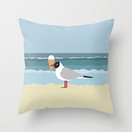 Cute seagull with ice cream by the sea Throw Pillow