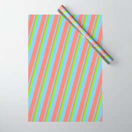 [ Thumbnail: Green, Sky Blue & Salmon Colored Pattern of Stripes Wrapping Paper ]