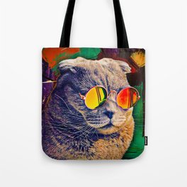 Cute Scottish Fold Glasses Cat Portrait Painting Tote Bag