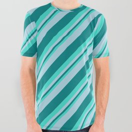 [ Thumbnail: Turquoise, Light Blue & Teal Colored Lined Pattern All Over Graphic Tee ]