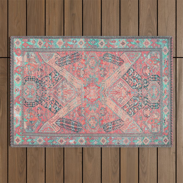 Blush Pink and Aqua Blue Antique Persian Rug Vintage Oriental Carpet Print Outdoor Rug
