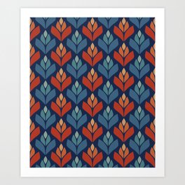 Blue & Red Retro Trefoil Pattern Art Print