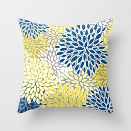 Modern Flowers Art, Blue, Yellow and Gray, Art Prints Throw Pillow