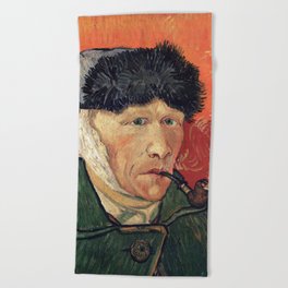Oil Painting Self-Portrait with Bandaged Ear and Pipe (1889) By Vincent Van Gogh Beach Towel