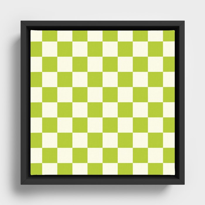Retro vintage check: neon green and ice cream white Framed Canvas