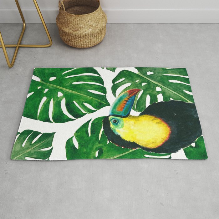 Toucan parrot with monstera leaf pattern Rug