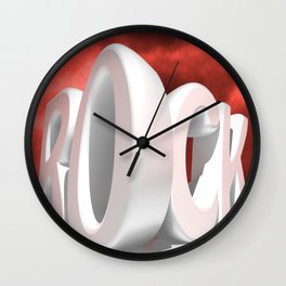 Rock in white letters under a red stormy sky Wall Clock