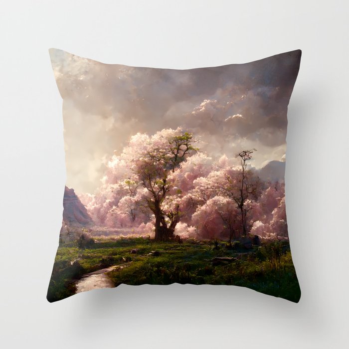 Japanese Sakura Cherry Blossom Trees Landscape #3 Throw Pillow