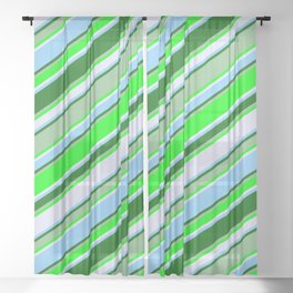 [ Thumbnail: Eye-catching Dark Sea Green, Lime, Lavender, Light Sky Blue, and Dark Green Colored Stripes Pattern Sheer Curtain ]