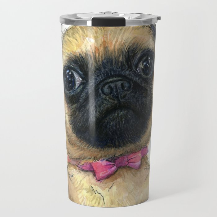 Cute Pug Puppy Dog Watercolor Painting Travel Mug By Olechka