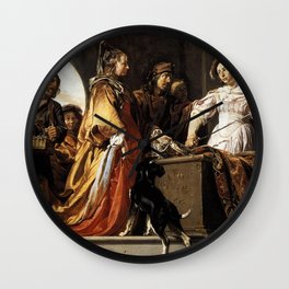 Jan de Bray - The Discovery of Achilles among the Daughters of Lycomedes Wall Clock | Painting, Odysseus, Necklace, Diomedes, Jewelrybox, Canvas, Carpet, Helmet, Dog, Oilpaint 
