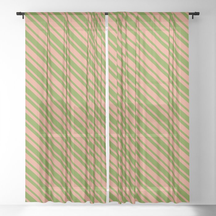 Dark Salmon and Green Colored Lined Pattern Sheer Curtain