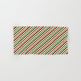 [ Thumbnail: Christmas Style Red, White & Green Colored Lines Pattern Hand & Bath Towel ]