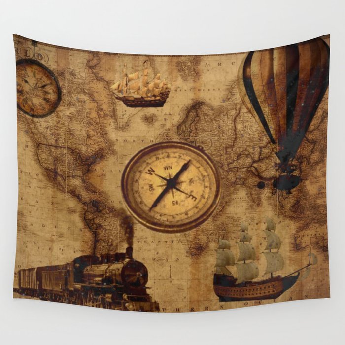 World Map Steampunk Wall Tapestry