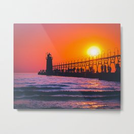 South Haven Michigan's Lighthouse at sunset on Lake Michigan Metal Print