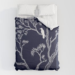 Crow in a tree Comforter | Bird, Tree, Illustration, Blue, Crow, Drawing, White, Ink Pen, Branch, Flat 