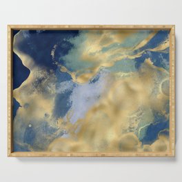 Blue and Gold Textured Abstract Marble Art Print Serving Tray