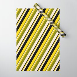 [ Thumbnail: Yellow, Green, Beige, and Black Colored Lines/Stripes Pattern Wrapping Paper ]