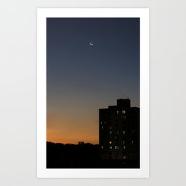 City colorful sunset with moon Art Print