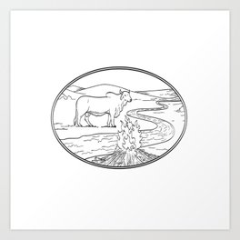 Brahman Bull Standing with Winding River or Creek Mountain Range and Campfire Line Art Drawing Tattoo Style Black and White Art Print