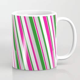 [ Thumbnail: Forest Green, Light Grey, Deep Pink & White Colored Pattern of Stripes Coffee Mug ]
