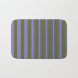 [ Thumbnail: Dark Olive Green and Purple Colored Lines Pattern Bath Mat ]