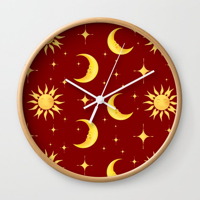 Sun,half moon,stars,cosmic art,celestial,red background  Wall Clock
