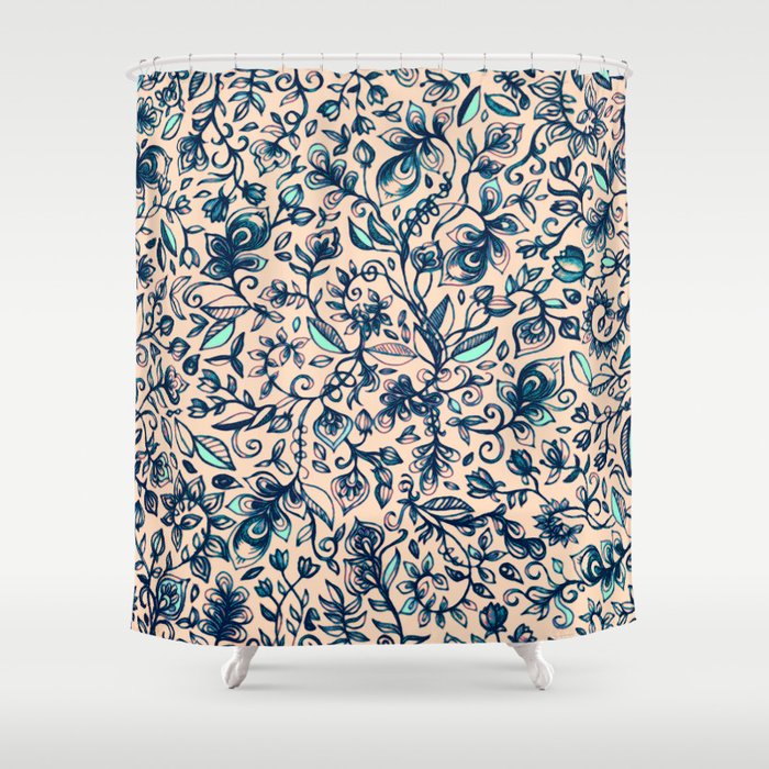 Teal Garden Fl Doodle Pattern In, Navy Blue And Cream Curtains