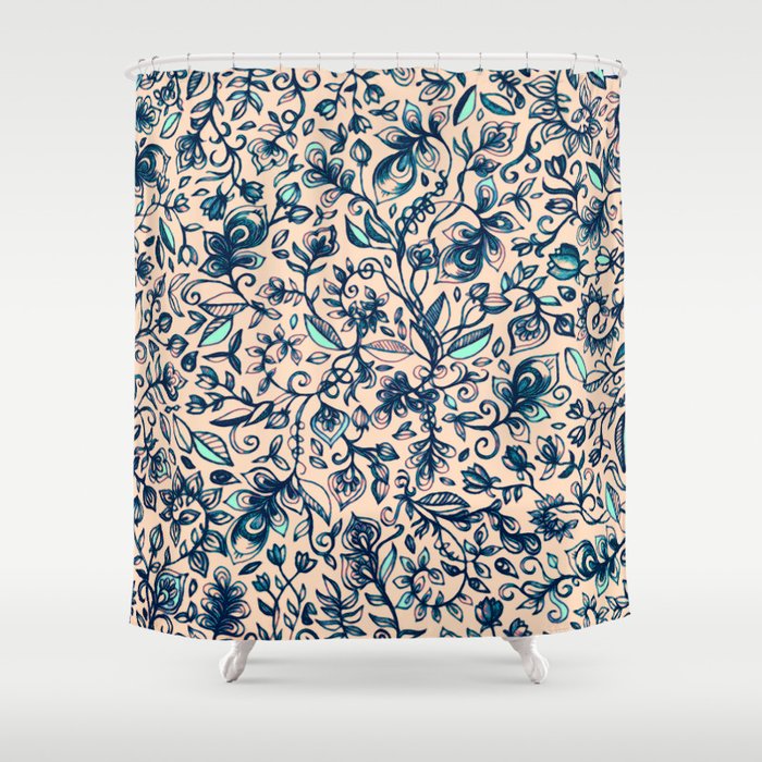 Teal Garden Floral Doodle Pattern In Cream Navy Blue Shower