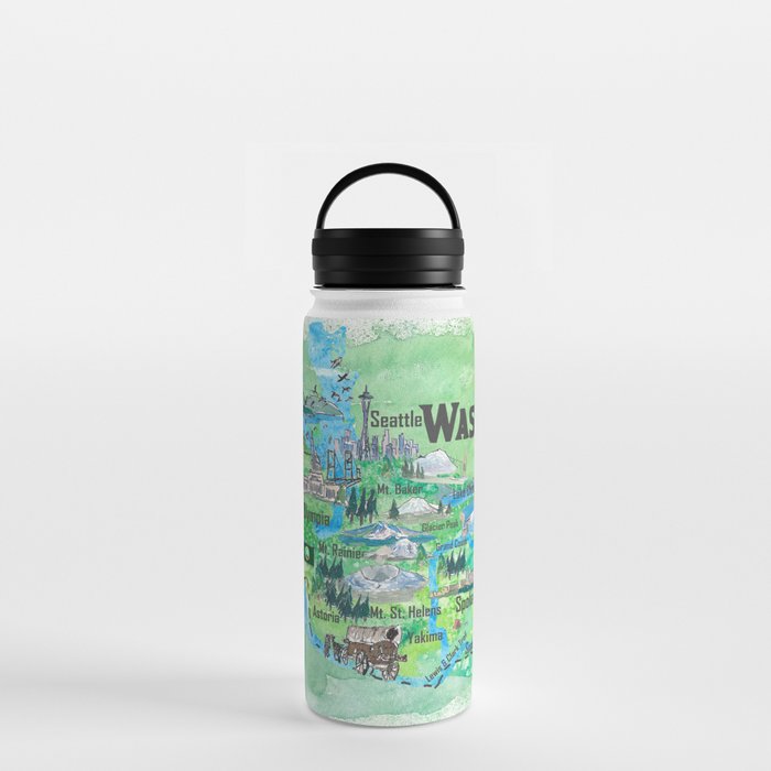 USA Washington State Illustrated Travel Poster Favorite Map Water Bottle