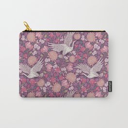 Cranes with chrysanthemums and pink magnolia on purple background Carry-All Pouch