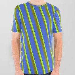 [ Thumbnail: Green, Royal Blue, and Light Green Colored Lines/Stripes Pattern All Over Graphic Tee ]