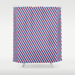 [ Thumbnail: Eye-catching Crimson, Blue, Pale Goldenrod, Midnight Blue & White Colored Striped Pattern Shower Curtain ]