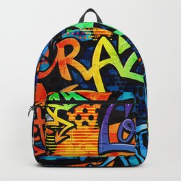 Abstract bright graffiti pattern. With bricks, paint drips, words in graffiti style. Graphic urban design Backpack