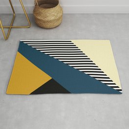 Striped, Abstract, Geometric Art, Blue, Yellow and Black Area & Throw Rug