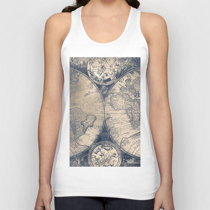 Antique World Map White Gold Navy Blue by Nature Magick Tank Top
