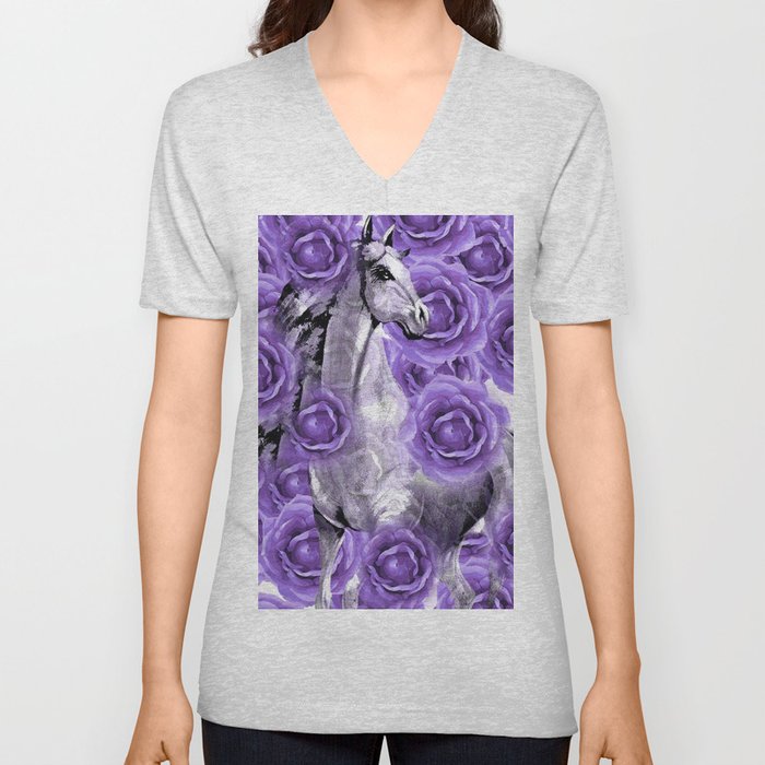 HORSES AND PURPLE ROSES AND HORSES V Neck T Shirt