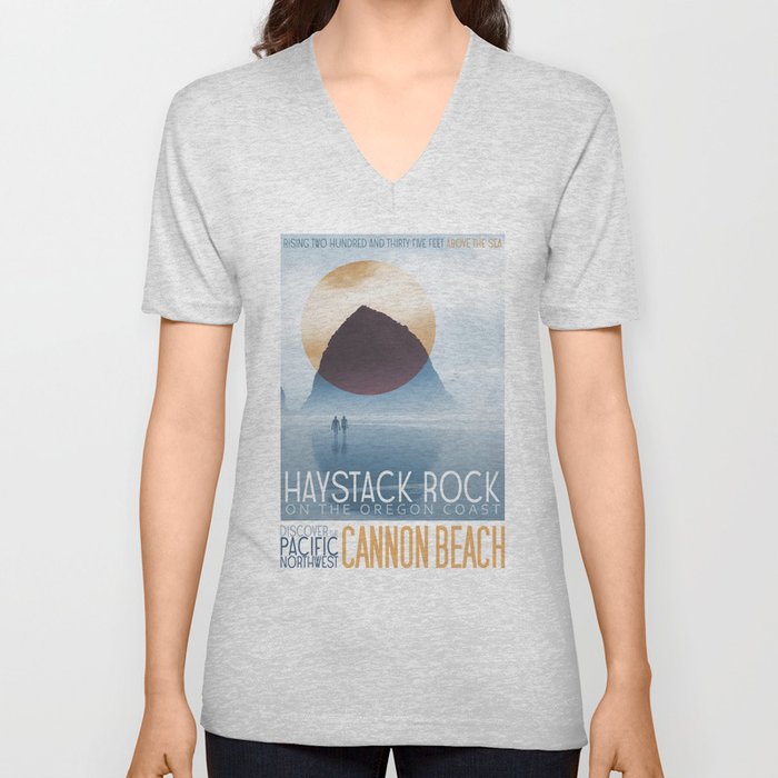 Haystack Rock of Cannon Beach, Oregon V Neck T Shirt