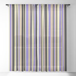 [ Thumbnail: Slate Blue, Pale Goldenrod, Black & Tan Colored Striped/Lined Pattern Sheer Curtain ]