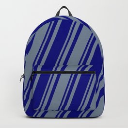 [ Thumbnail: Blue and Light Slate Gray Colored Stripes Pattern Backpack ]