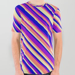 [ Thumbnail: Blue, Dark Violet, Salmon & Pale Goldenrod Colored Lined Pattern All Over Graphic Tee ]