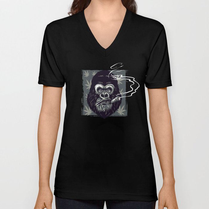 Gorilla Smoking Weed V Neck T Shirt