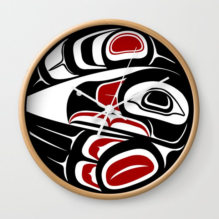 Raven Moon, formline circle, native indigenous art, pacific northwest, first nations, traditional design, sun, bird, thunder, eagle, crow, haida, salish Wall Clock