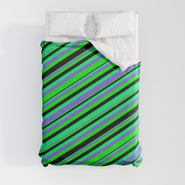 [ Thumbnail: Green, Medium Slate Blue, Lime & Black Colored Stripes/Lines Pattern Duvet Cover ]